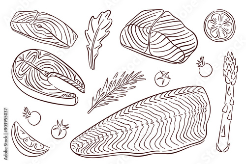 Salmon steak set in line art style. Hand drawn fish piece and fillet with vegetables. Vector illustration isolated on a white background.