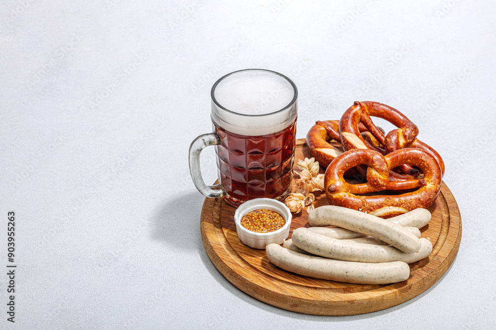 Traditional Oktoberfest set. Pretzels, beer, weisswurst with mustard. German festival food concept Traditional Oktoberfest set. Pretzels, beer, weisswurst with mustard. German festival food concept