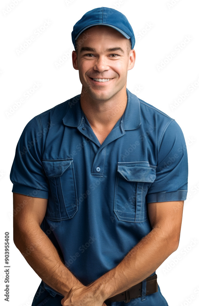 Young mixed race man wearing a blue work uniform and cap, looking professional and approachable. Young mixed race man wearing a blue work uniform and cap, looking professional and approachable.
