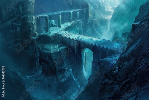 Ancient alien ruins bridge over dark chasm