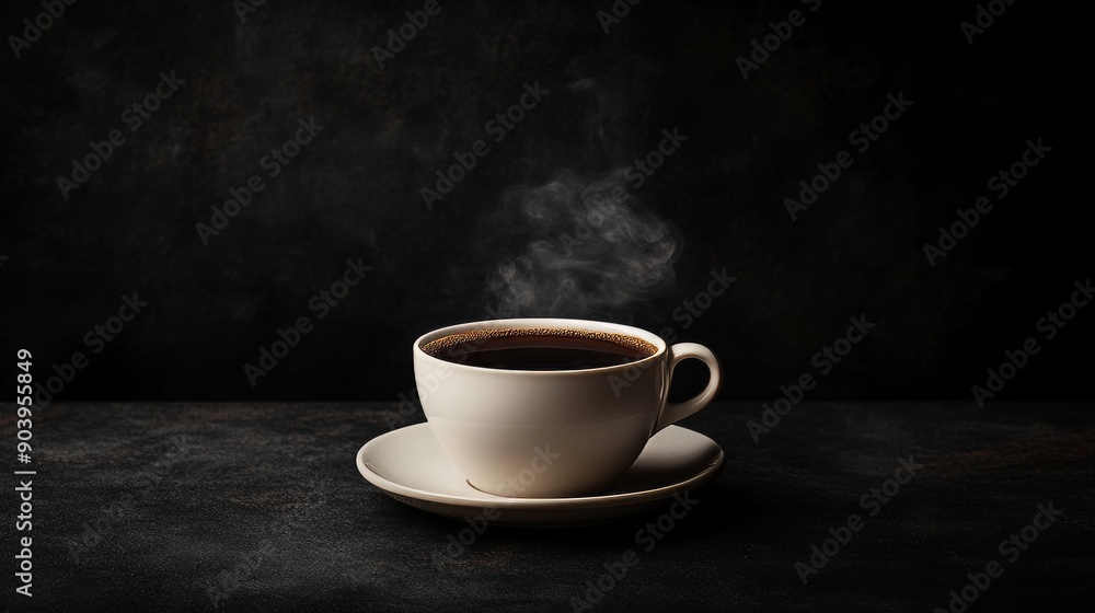 A black background with steam rising from a black cup of coffee. A black background with steam rising from a black cup of coffee.