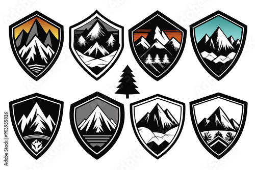 Wallpaper Mural Mountainous silhouette emblems with vintage textures for outdoor adventure gear, travel, camping, hiking, and climbing clubs, and nature-themed designs. Torontodigital.ca