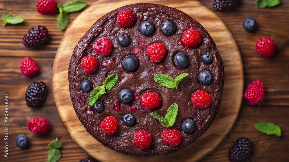 The top view of a chocolate cake with fresh berries and mint on a wooden table, The top view of a chocolate cake with fresh berries and mint on a wooden table,