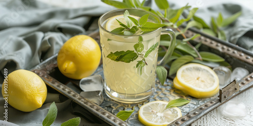 Cup of iced lemon verbena tea with fresh verbena leaves and lemon slices on a tray