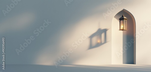 Minimalist white wall with an arched niche holding a lantern casting a shadow, creating a serene and calm ambiance.