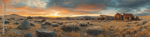 Abandoned Ghost Town Panorama with Decaying Buildings and Tumbleweeds under Dusky Sky - Copy Space for Text