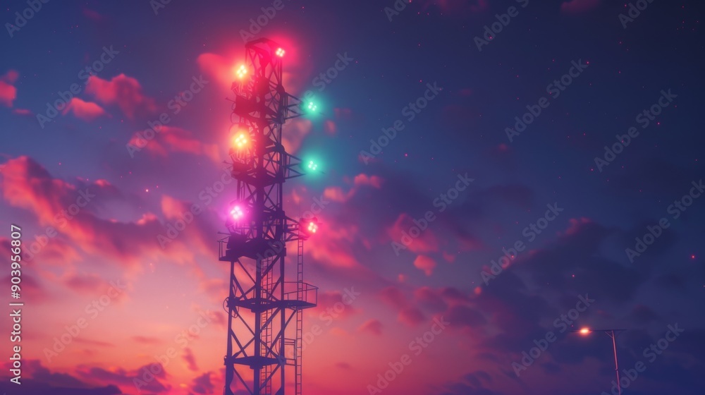 Fototapeta premium A tall signal tower with lights changing colors in a sequence, set against the evening sky.