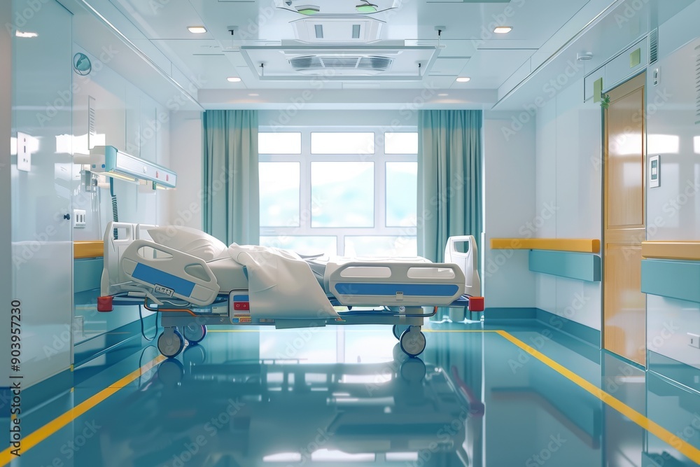 Fototapeta premium Modern hospital room with advanced medical equipment emphasizing professional healthcare services patient care and a clean organized clinical setting.