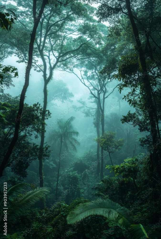 Obraz premium A dense forest with tall trees shrouded in thick mist, creating an ethereal and mystical atmosphere