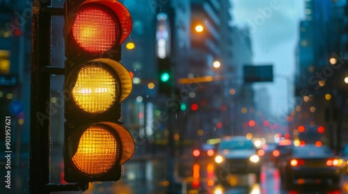 A vibrant traffic light shining brightly against a backdrop of rainy city streets.