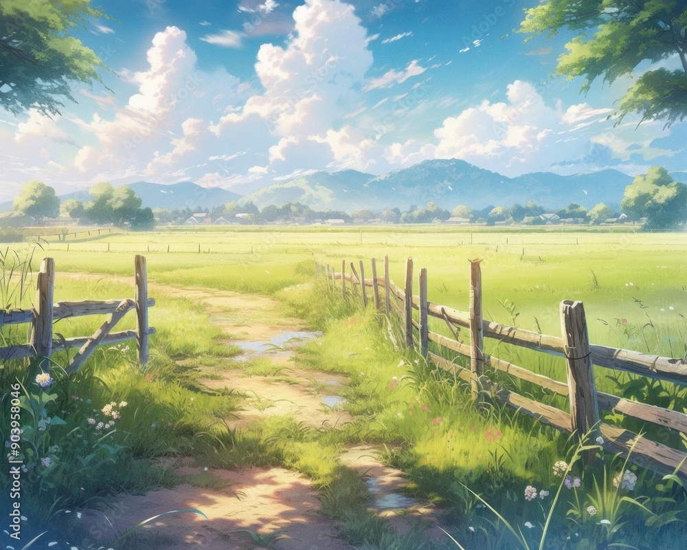 Fototapeta premium A beautiful summer landscape with a clear blue sky, fluffy white clouds, green rolling hills, and a wooden fence in the foreground.
