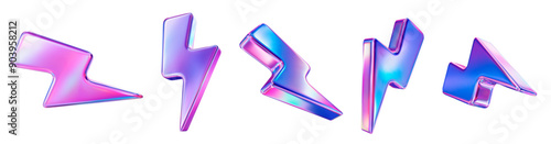 3d set neon charger symbol. Holographic sign thunder. Symbol of energy, danger. Minimalistic electrical discharge. Stock vector illustration.	
