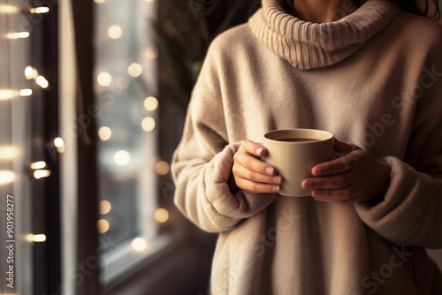 Woman holding cup of coffee, girl wearing warm clothes drinking tea near the window, lifestyle, winter concepts