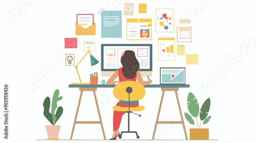 Creative Web Designer Concept with Young Female Graphic Artist Designing Elements - EPS Vector Illustration