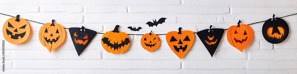 Fototapeta premium Spooky Halloween Garlands and Banners on White Background with Copy Space for Seasonal Decorations and Party Celebrations