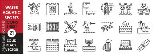 A set of line icons related to Water or Aquatic Sports. Swimming, dive, polo, basketball, volleyball, skiing, surfing, water, gym, oxygen cylinder, tickets and so on. Vector outline icons set.