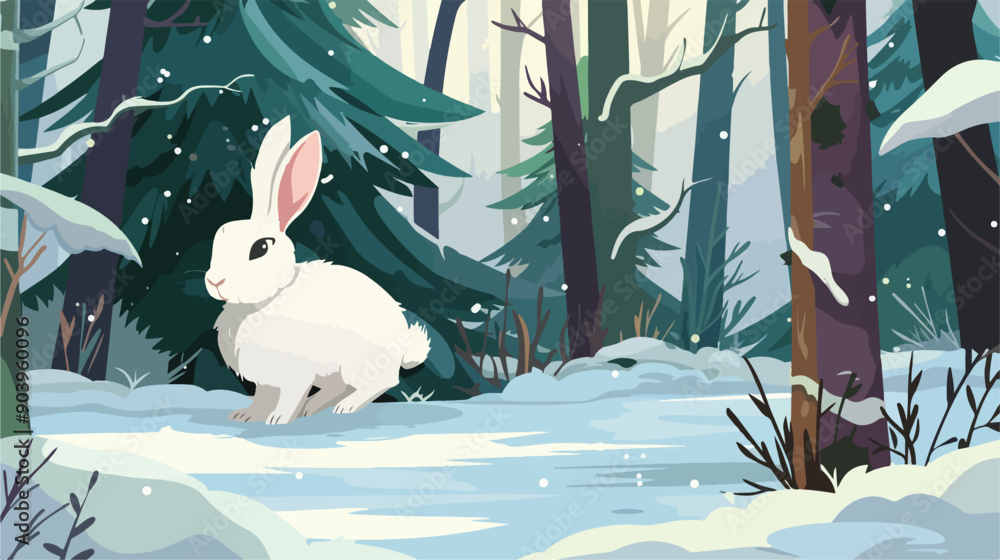 Obraz premium White Rabbit in Forest Banner: Flora and Fauna Biology