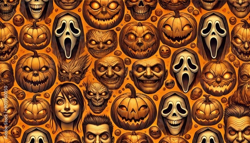 A detailed pattern with Halloween faces in various expressions such as laughing, scared, and grim on an orange background