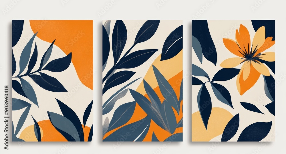 Green and orange geometric flower art on three abstract posters Green and orange geometric flower art on three abstract posters