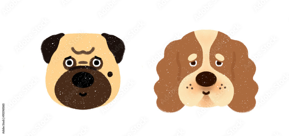 Fototapeta premium trendy simple cartoonish fluffy dog dogs puppy characters cute animal heads icons hand drawn illustration style picture book children's book pug cocker spaniel white background