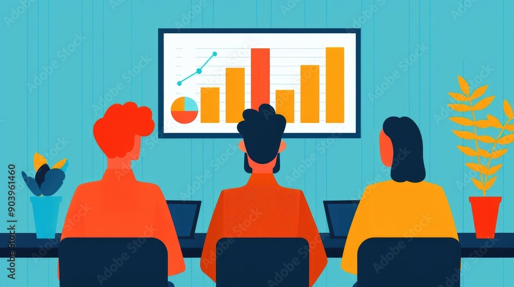 Obraz premium Flat design of a business strategy meeting with SEO experts analyzing growth data and analytics on a presentation screen