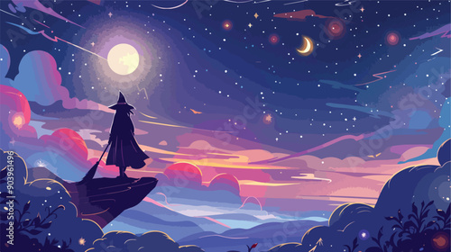 Enchanting Witch Flying on Broomstick with Moonlit Sky Background