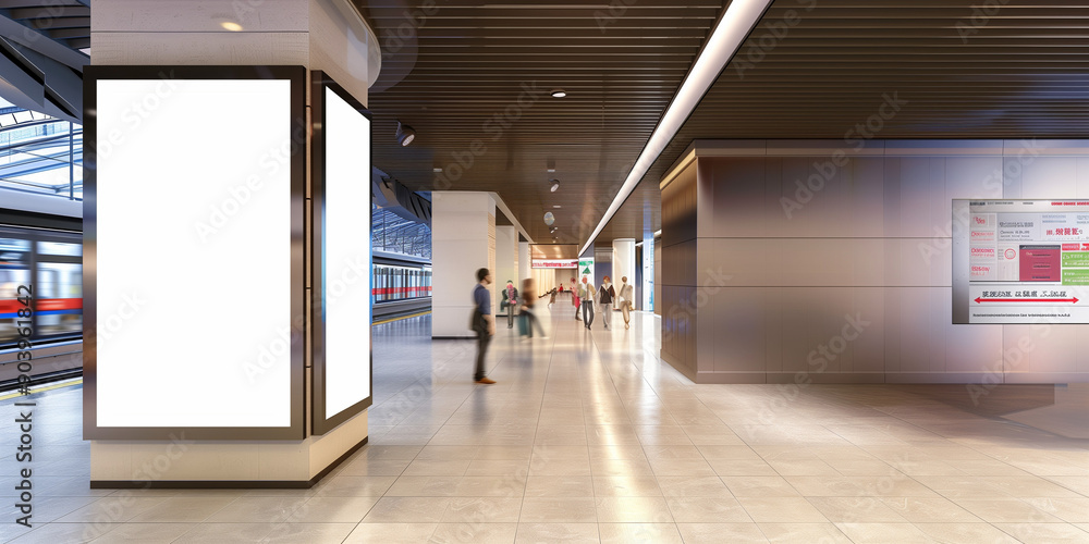 high-quality image featuring an empty poster mockup displayed in a modern subway station in a bustling city high-quality image featuring an empty poster mockup displayed in a modern subway station in a bustling city