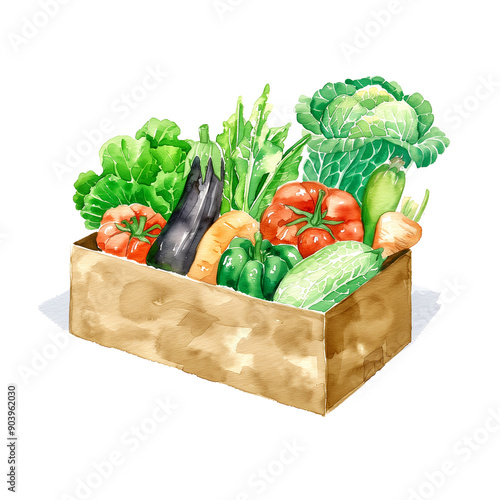Watercolor illustration of various kinds of vegetables in cardboard boxes on white background