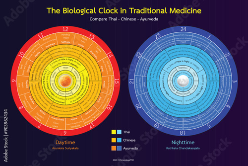 The Biological Clock in Traditional Medicine. Comparison of 3 ancient medical sciences: Thai, Chinese and Ayurvedic.