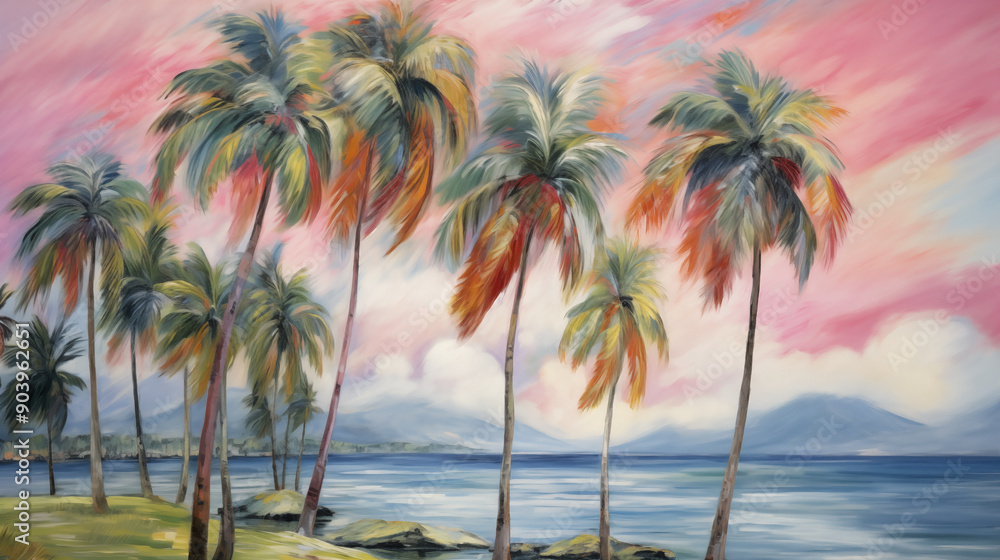 Tropical beach landscape with palm trees and colorful sky at sunset Tropical beach landscape with palm trees and colorful sky at sunset