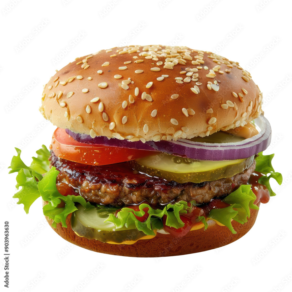A juicy cheeseburger with lettuce, tomato, onion, pickles and ketchup on a sesame seed bun. A juicy cheeseburger with lettuce, tomato, onion, pickles and ketchup on a sesame seed bun.