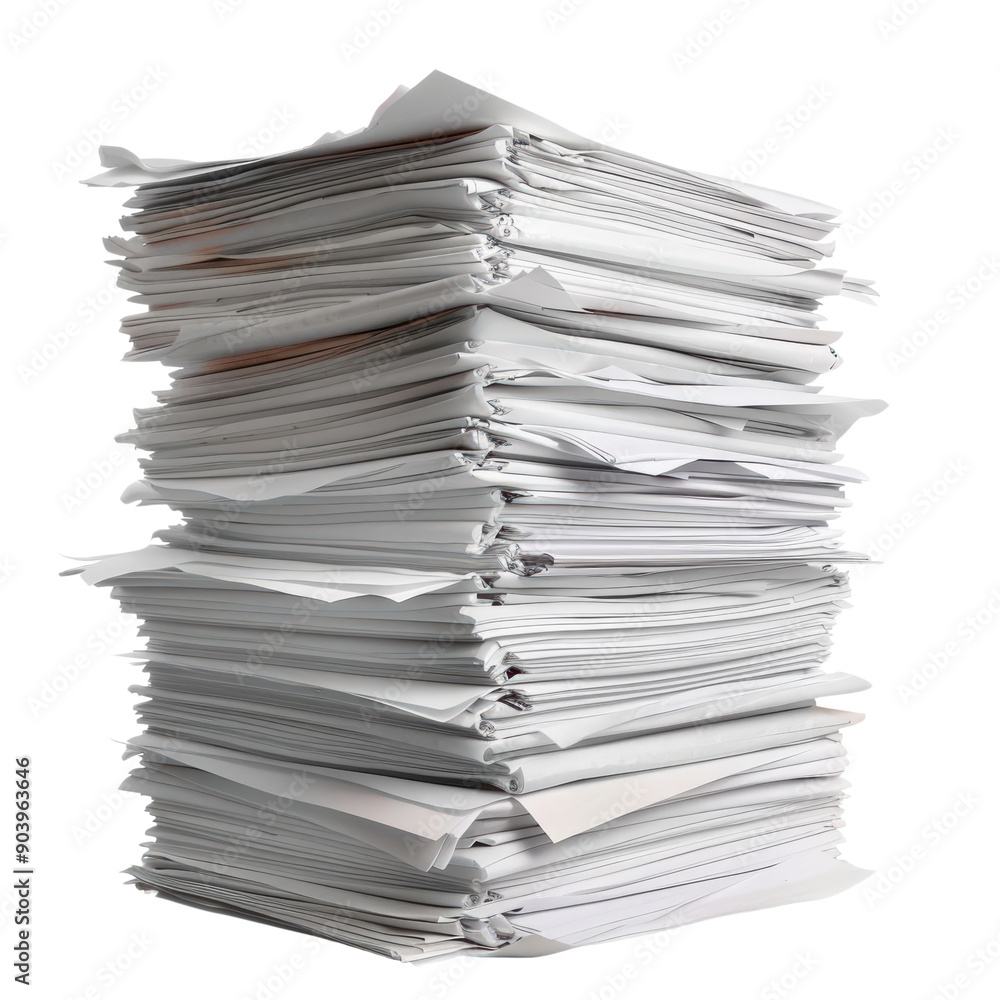 A large stack of white paper documents. This image represents a large workload, paperwork, or bureaucracy. A large stack of white paper documents. This image represents a large workload, paperwork, or bureaucracy.