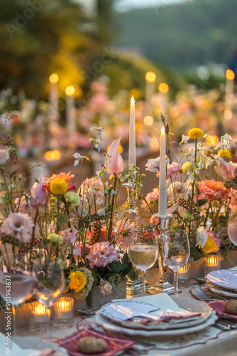 Obraz na płótnie Vibrant outdoor wedding table setting with colorful floral arrangements w salonie