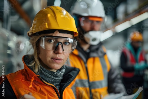 A female engineer wearing a yellow hard hat and safety glasses stands at an industrial site, showcasing the importance of safety and precision in engineering fields.