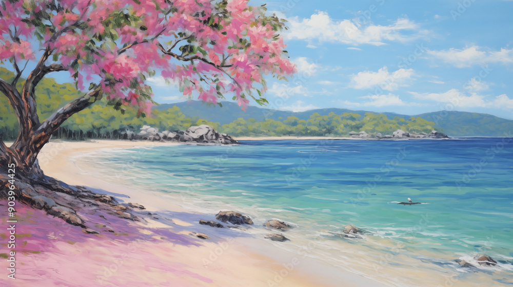 Impressionist tropical beach with pink blooms on a summer day Impressionist tropical beach with pink blooms on a summer day