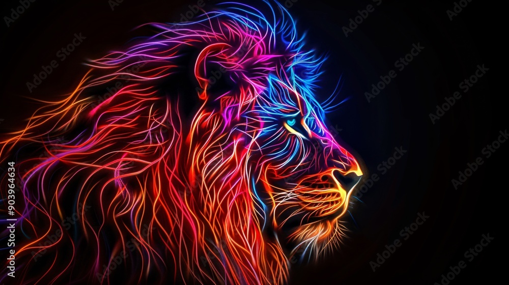 Neon Lion Portrait - A Profile of Power