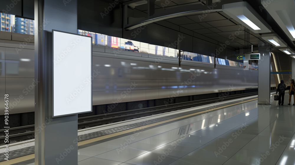 high-quality image featuring an empty poster mockup displayed in a modern subway station in a bustling city high-quality image featuring an empty poster mockup displayed in a modern subway station in a bustling city