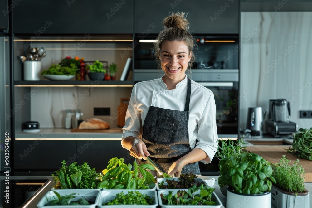 A smiling female chef in a modern, well-equipped kitchen joyfully chops fresh herbs with various pots of plants and vegetables arranged on the counter. A smiling female chef in a modern, well-equipped kitchen joyfully chops fresh herbs with various pots of plants and vegetables arranged on the counter.