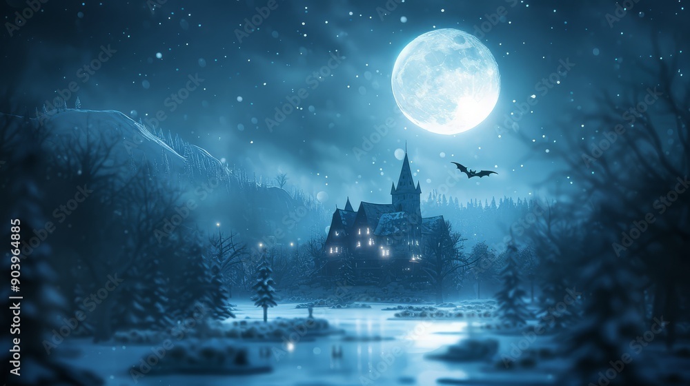 Naklejka premium Charming 3D witch flying on a broomstick over a moonlit village