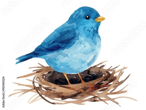 Adorable cartoon style of a small blue bird sitting in a cozy nest made of twigs and branches rendered in a pastel watercolor painting technique on a clean white background