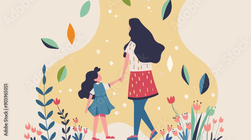 Inclusive Family Concept: Happy woman holding hands with girl - Adopting Mother with Kid