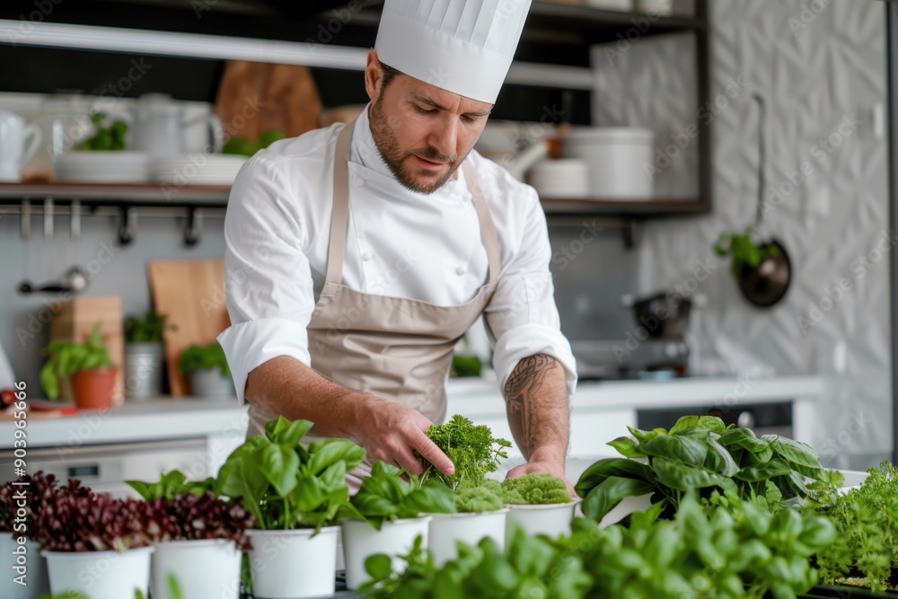 A male chef, in a professional kitchen setting, carefully inspects fresh green herbs, surrounded by an array of potted plants and vegetables ready for culinary preparation.
