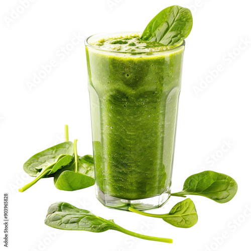 Refreshing green smoothie in a tall glass with spinach leaves.