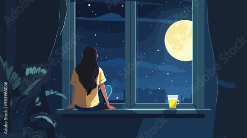 Young Woman Looking at Stars Through Window