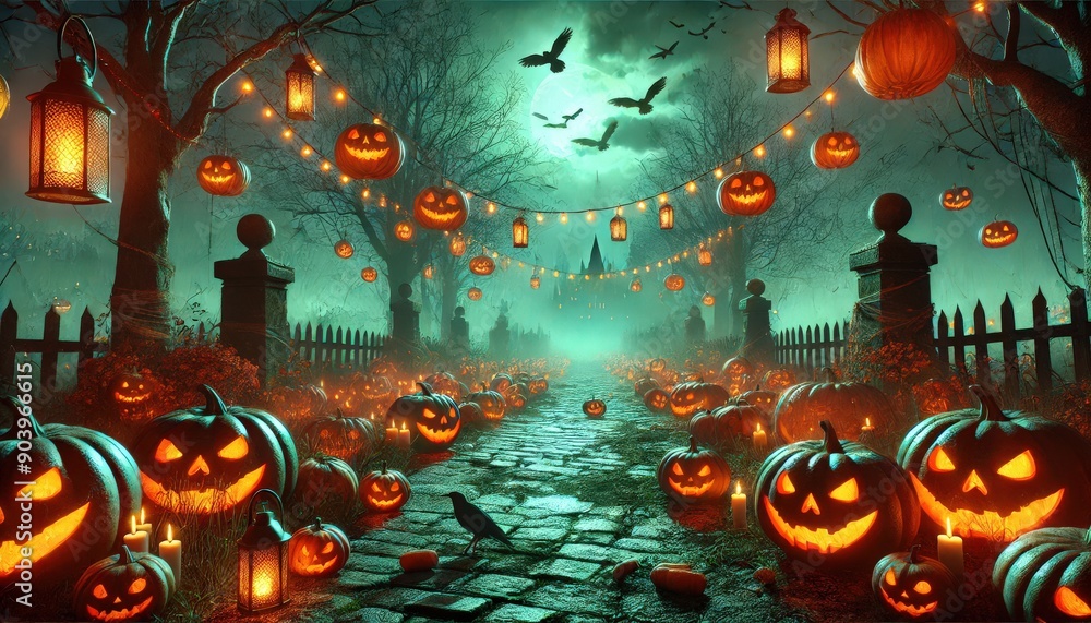 Eerie Halloween scene with glowing pumpkin lanterns along a weathered ...