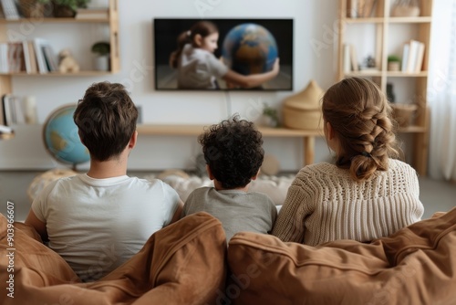 A family of three sits on a cozy couch watching an educational program on a large television in a living room decorated with bookshelves, globes, and impartial decor.