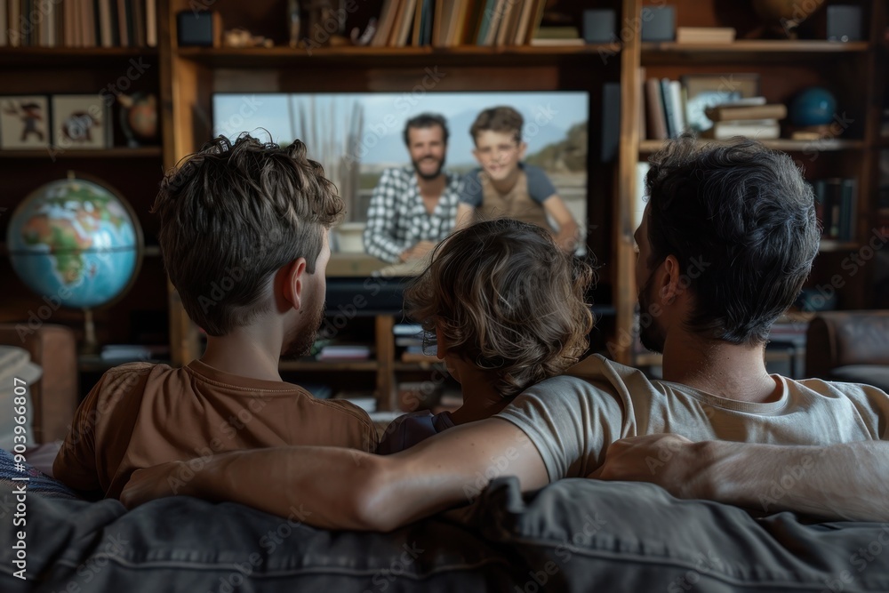 Obraz premium A family of three is sitting on a sofa watching TV together in a cozy living room with a globe and bookshelves in the background, offering a homely atmosphere.