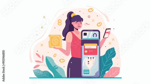 Woman Paying with Smartphone: Girl Holding Credit Card