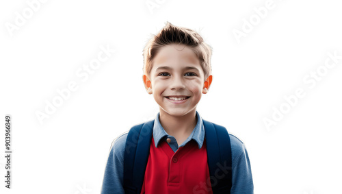 Smiling school boy with backpack, cut out photo