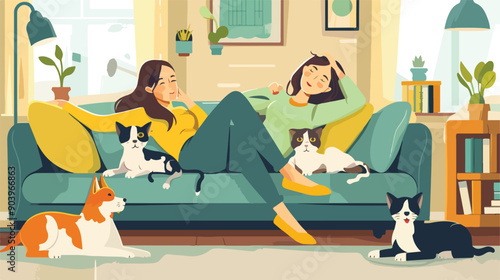 Woman Pet Owner Relaxing on Couch Surrounded by Cats